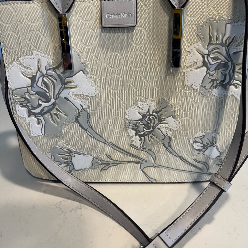 Calvin Klein Floral Shoulder Bag in Cream and Gray